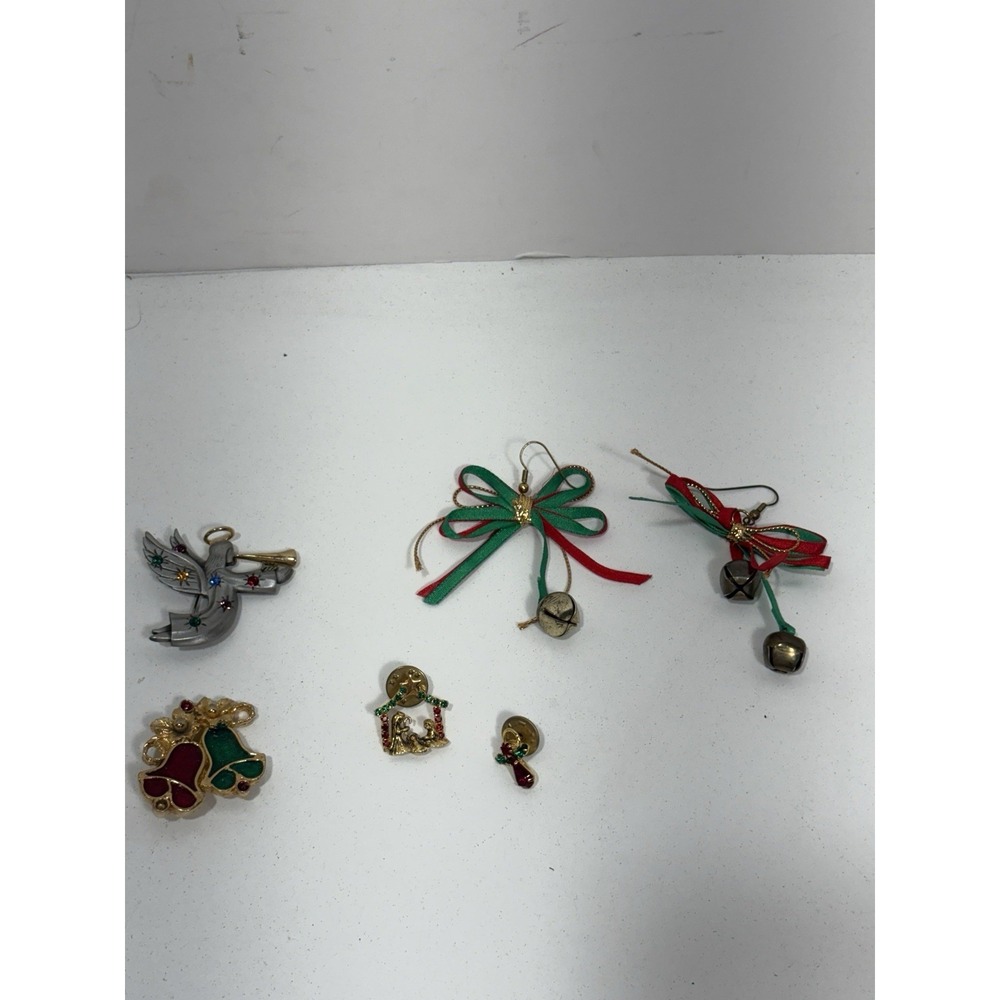 Vintage Lot Of 4 Brooches Pins Christmas Angel Bell Nativity & Pair Of Earrings